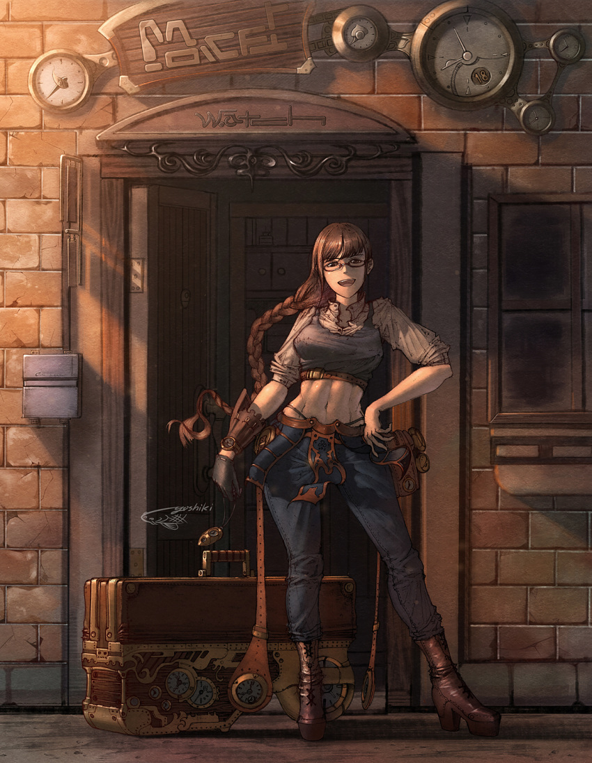 1girl abs boots braid braided_ponytail brick_wall brown_hair clock contrapposto door gaimoon glasses gloves grey_shirt highres long_hair looking_at_viewer midriff navel open_mouth original pants ponytail shirt signature single_glove smile solo standing wide_shot