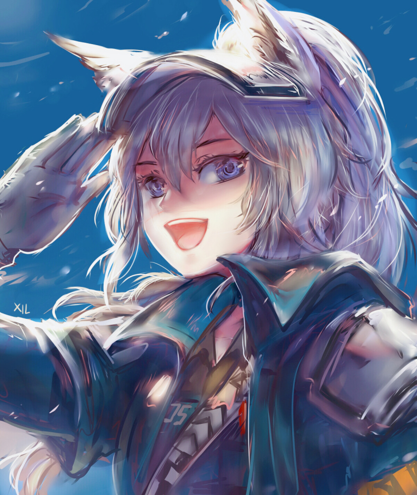 1girl :d animal_ears arknights artist_name gloves grani_(arknights) highres long_hair looking_at_viewer open_mouth police police_uniform policewoman portrait salute silver_hair sky smile solo uniform violet_eyes wolf_ears wolf_girl xilveroxas