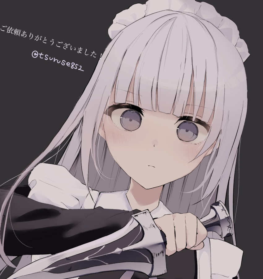 1girl bangs black_dress blunt_bangs blush closed_mouth collared_dress commentary_request dagger dress eyebrows_visible_through_hair frills grey_background grey_eyes grey_hair highres holding holding_dagger holding_weapon long_hair long_sleeves looking_at_viewer maid maid_headdress original simple_background solo translation_request tsuruse twitter_username upper_body weapon