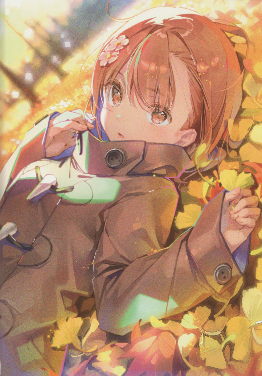 1girl absurdres alternate_costume autumn autumn_leaves backlighting bangs blurry blurry_background brown_coat brown_eyes brown_hair buttons coat dot_nose dsmile eyebrows_visible_through_hair field flower hair_between_eyes hair_flower hair_ornament hands_up high_collar highres huge_filesize long_sleeves looking_at_viewer lying misaka_mikoto on_back open_mouth overcoat parted_lips scan shiny shiny_hair sleeves_past_wrists solo tareme to_aru_kagaku_no_railgun to_aru_majutsu_no_index tree upper_body wide_sleeves