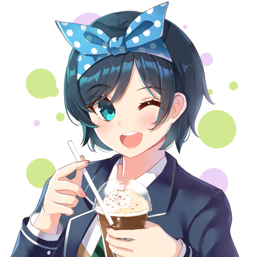 1girl ;d bangs black_hair black_jacket blazer blue_eyes blue_ribbon blush collared_shirt cup diagonal-striped_neckwear diagonal_stripes disposable_cup drinking_straw eyebrows_visible_through_hair green_neckwear hair_ribbon highres holding holding_cup holding_drinking_straw holmemee jacket kanojo_okarishimasu long_sleeves looking_at_viewer necktie one_eye_closed open_blazer open_clothes open_jacket open_mouth polka_dot_ribbon ribbon sarashina_ruka shirt short_hair smile solo striped striped_neckwear swept_bangs upper_body upper_teeth white_background white_shirt