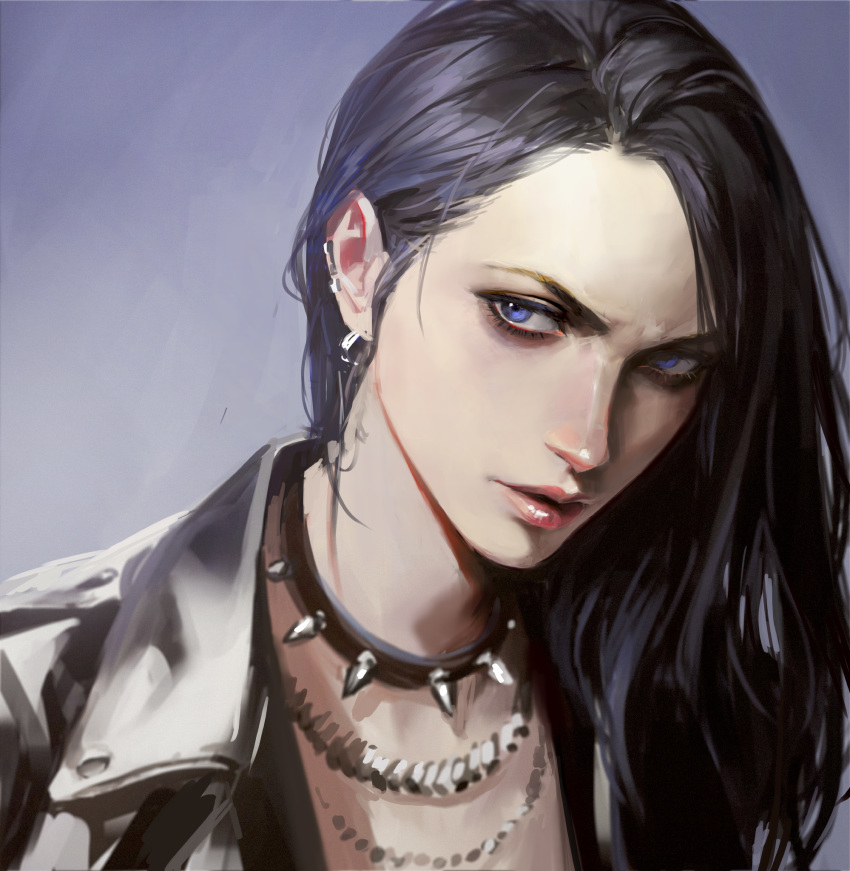 1girl arata_yokoyama black_hair black_jacket collar ear_piercing earrings face hair_behind_ear highres jacket jewelry long_hair looking_to_the_side necklace original parted_lips piercing red_lips spiked_collar spikes upper_body violet_eyes