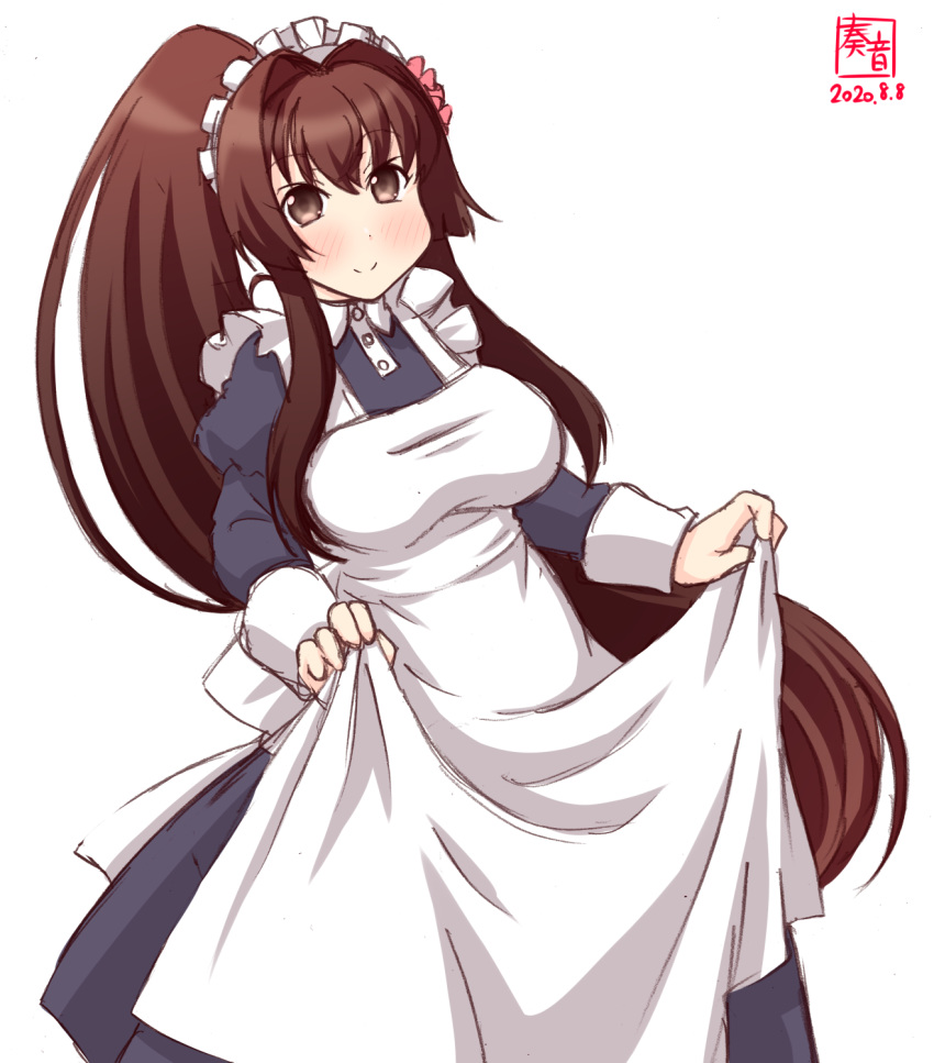 1girl alternate_costume apron apron_hold artist_logo black_dress brown_hair cherry_blossoms commentary_request cowboy_shot dated dress enmaided flower frilled_apron frills hair_flower hair_ornament highres kanon_(kurogane_knights) kantai_collection long_hair looking_at_viewer maid maid_apron maid_headdress ponytail simple_background smile solo white_apron white_background yamato_(kantai_collection)