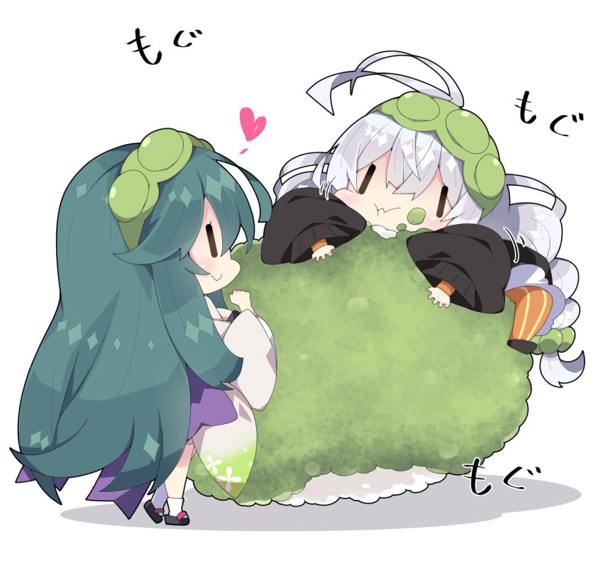 2girls :t antenna_hair bangs black_footwear black_jacket braid chibi closed_mouth commentary eating green_hair green_hairband hair_between_eyes hairband hand_up heart highres jacket japanese_clothes kimono kizuna_akari long_hair long_sleeves milkpanda minigirl mochi multiple_girls orange_legwear pantyhose puffy_long_sleeves puffy_sleeves shadow silver_hair socks soybean striped striped_legwear touhoku_zunko translated twin_braids twintails vertical-striped_legwear vertical_stripes very_long_hair voiceroid wavy_mouth white_background white_kimono white_legwear wide_sleeves zouri