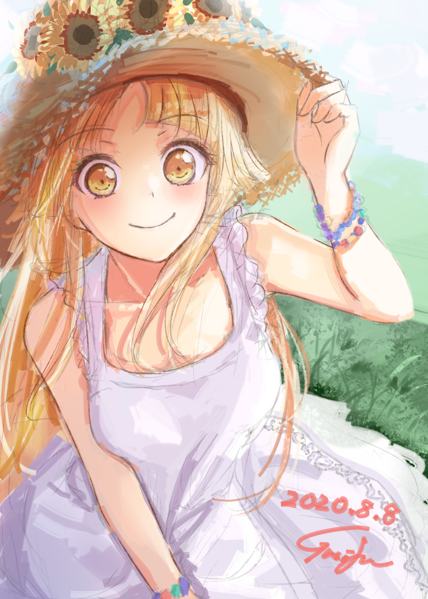 1girl absurdres arm_up bang_dream! bangs bare_shoulders blonde_hair bracelet breasts brown_eyes brown_headwear closed_mouth commentary_request dated dress eyebrows_visible_through_hair flower grass gurifu hand_on_headwear hat hat_flower highres jewelry long_hair medium_breasts on_grass parted_bangs signature sleeveless sleeveless_dress smile solo straw_hat sunflower tsurumaki_kokoro very_long_hair white_dress yellow_flower