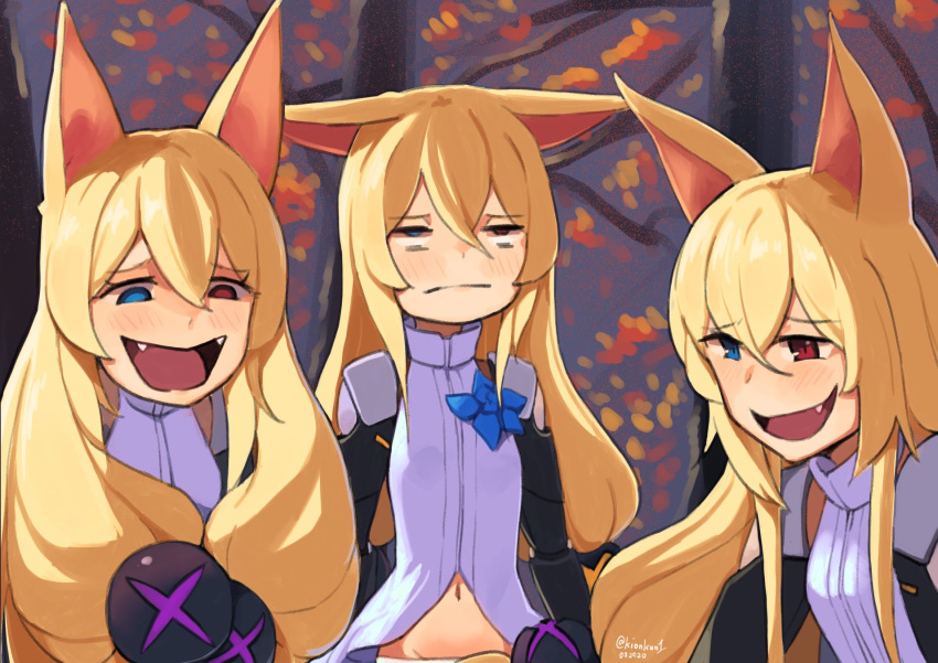 3girls animal_ears autumn_leaves bangs blonde_hair blue_eyes clone commentary drooping english_commentary eyebrows_visible_through_hair fangs g41_(girls_frontline) girls_frontline hair_between_eyes hair_ornament helltaker heterochromia highres kion-kun laughing laughing_wolves long_hair looking_up meme multiple_girls navel open_mouth parody red_eyes sidelocks smile tied_hair tree twintails unamused