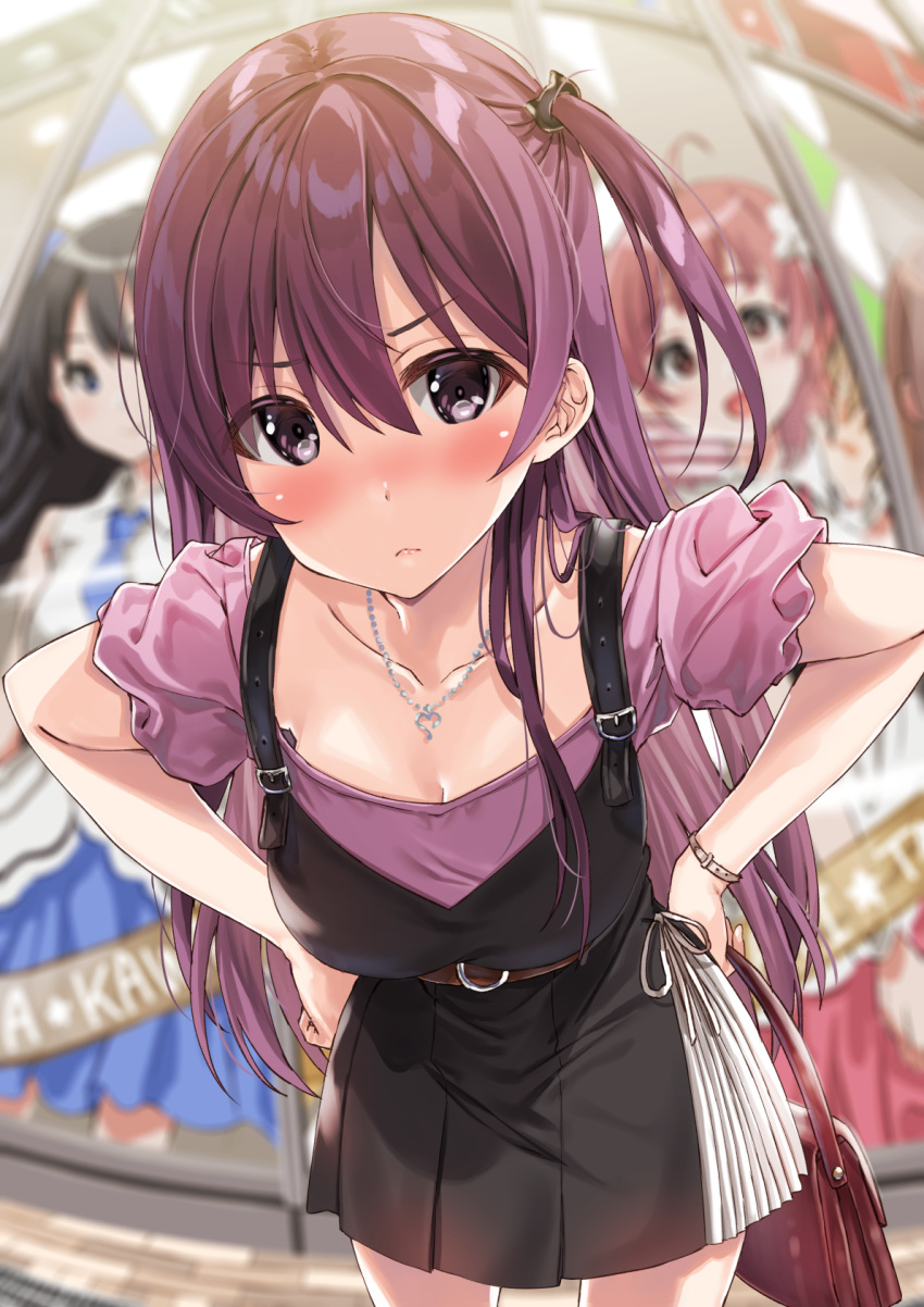 1girl annoyed bag bent_over black_dress blush casual closed_mouth collarbone dress eyebrows_visible_through_hair handbag hands_on_hips highres jewelry kukiha long_hair necklace one_side_up original poster_(object) purple_hair purple_shirt shirt side_ponytail solo violet_eyes