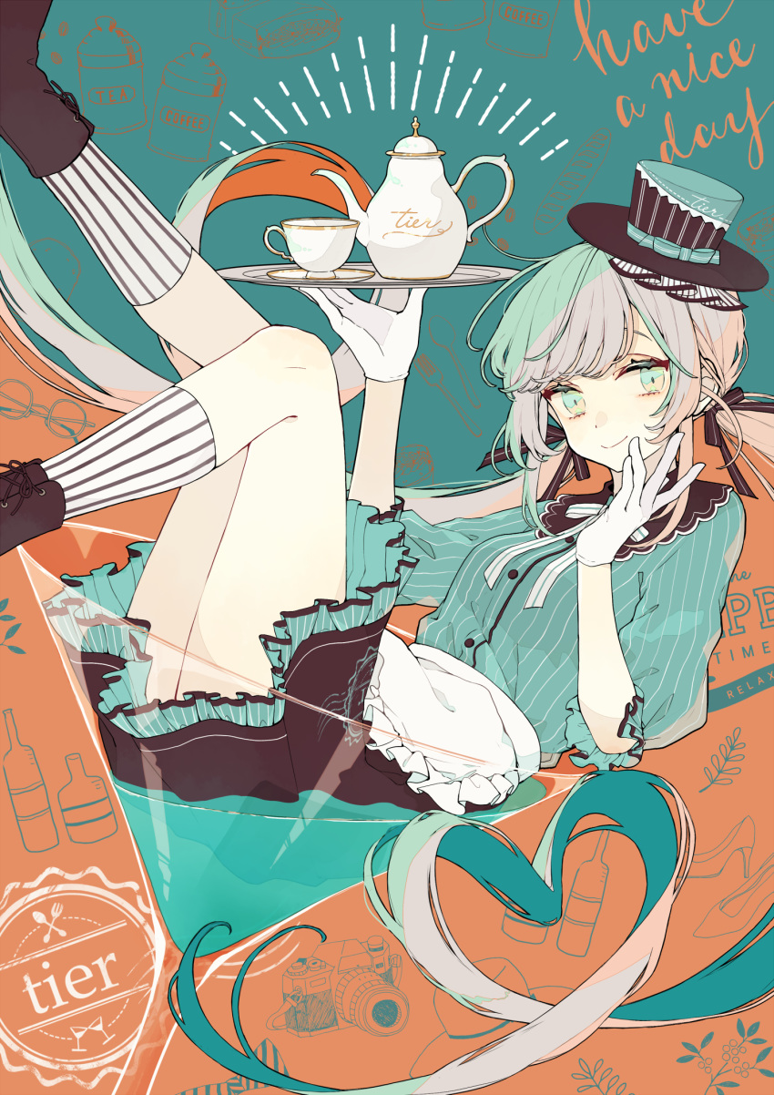 1girl akakura apron black_ribbon blue_eyes cocktail_glass commentary_request cup drinking_glass eyebrows_behind_hair feet_out_of_frame gloves green_shirt hair_ribbon hat hat_ribbon heart_hair highres holding holding_tray in_container in_cup long_hair original oversized_object pinstripe_pattern pinstripe_shirt platinum_blonde_hair ribbon shirt sitting smile socks striped striped_legwear teacup teapot tray twintails very_long_hair waist_apron white_apron white_gloves