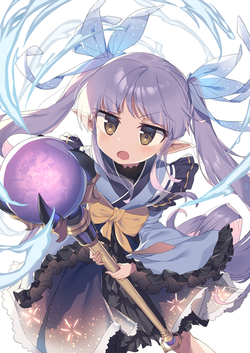1girl :o bangs blue_kimono blue_ribbon bow brown_bow brown_eyes commentary_request eyebrows_visible_through_hair hair_ribbon highres holding holding_staff japanese_clothes kimono kyouka_(princess_connect!) long_hair open_mouth orb pointy_ears princess_connect! princess_connect!_re:dive purple_hair ribbon see-through sidelocks solo staff twintails v-shaped_eyebrows very_long_hair wagashi928 white_background