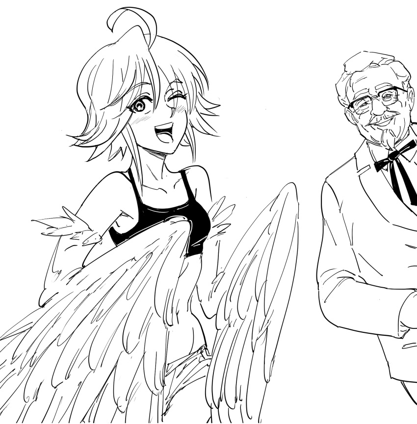 1boy 1girl :d ahoge bb_(baalbuddy) blush colonel_sanders commentary english_commentary feathered_wings glasses greyscale harpy highres kfc looking_at_viewer monochrome monster_girl monster_musume_no_iru_nichijou neck_ribbon old_man one_eye_closed open_mouth papi_(monster_musume) ribbon simple_background smile white_background wings