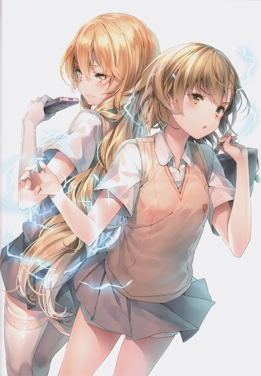 2girls absurdres back-to-back blonde_hair blush brown_eyes brown_hair controller dsmile electricity gloves hair_ornament hairclip highres huge_filesize long_hair looking_at_viewer misaka_mikoto multiple_girls remote_control scan school_uniform shiny shiny_hair shokuhou_misaki short_hair shorts shorts_under_skirt skirt smile sweater_vest symbol-shaped_pupils thigh-highs to_aru_kagaku_no_railgun to_aru_majutsu_no_index white_legwear yellow_eyes zettai_ryouiki