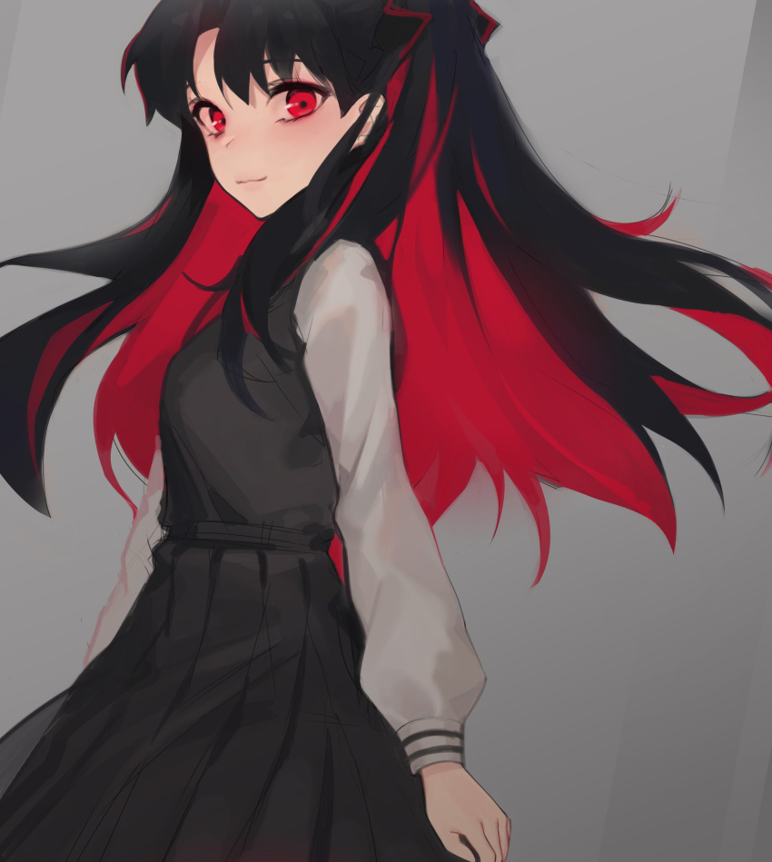 1girl absurdres arms_at_sides black_hair black_skirt black_vest bow character_request closed_mouth colored_inner_hair fate/grand_order fate_(series) grey_background hair_bow highres long_hair long_sleeves looking_at_viewer multicolored_hair oyabuli pleated_skirt red_eyes shirt skirt smile solo standing vest white_shirt