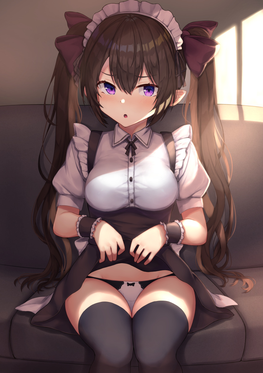 1girl :o alternate_costume apron black_legwear bow bow_panties breasts brown_hair couch dress dress_lift enmaided hair_ribbon highres himekaidou_hatate indoors lifted_by_self long_hair looking_at_viewer maid maid_apron maid_headdress medium_breasts panties pointy_ears puffy_short_sleeves puffy_sleeves purple_ribbon ribbon short_sleeves sitting solo thigh-highs touhou twintails underwear violet_eyes white_panties wowoguni wrist_cuffs
