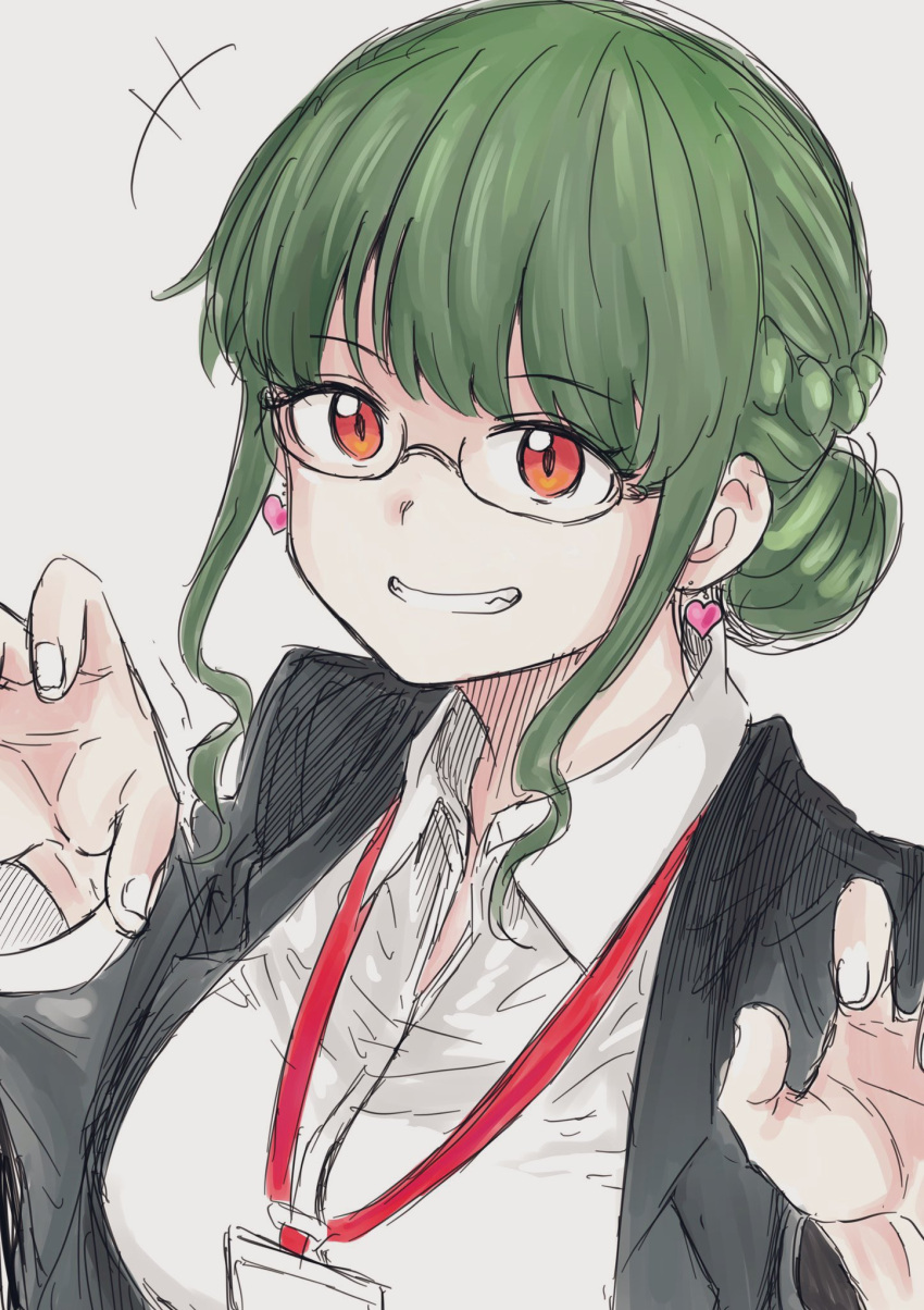 1girl anosillus_ii braid breasts character_request copyright_request earrings excited french_braid glasses green_hair gridman_universe hair_bun hand_up heart heart_earrings highres jacket jewelry lanyard office_lady open_clothes orange_eyes osr5555 shirt simple_background smile ssss.dynazenon ssss.gridman tooth white_background white_shirt