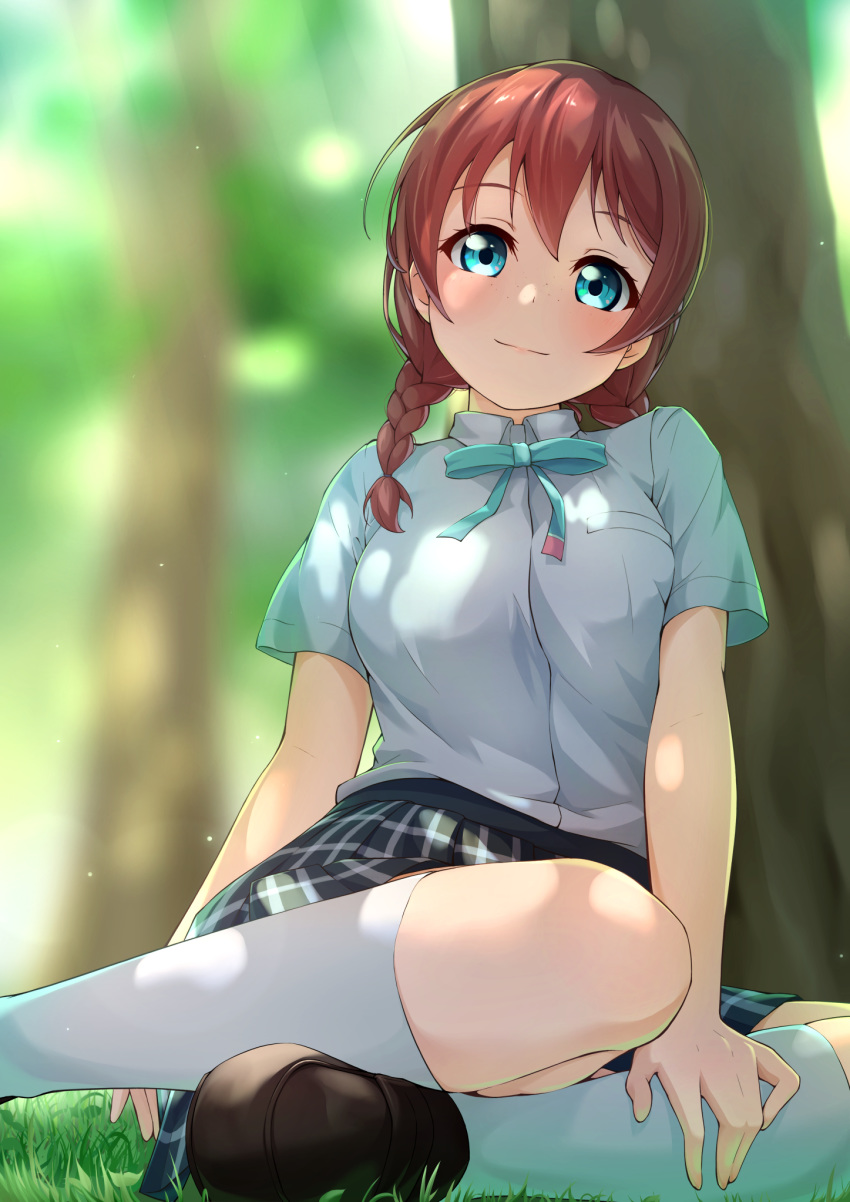 1girl aqua_eyes aqua_neckwear bangs black_skirt blurry blurry_background blush bow bowtie braid breast_pocket breasts brown_footwear collar emma_verde freckles grass highres kneehighs large_breasts looking_at_viewer love_live! love_live!_school_idol_festival_all_stars mary_janes outdoors plaid plaid_skirt pleated_skirt pocket prbili redhead shade shirt shoes short_sleeves sitting skirt smile solo tree twin_braids twintails white_collar white_legwear white_shirt yokozuwari