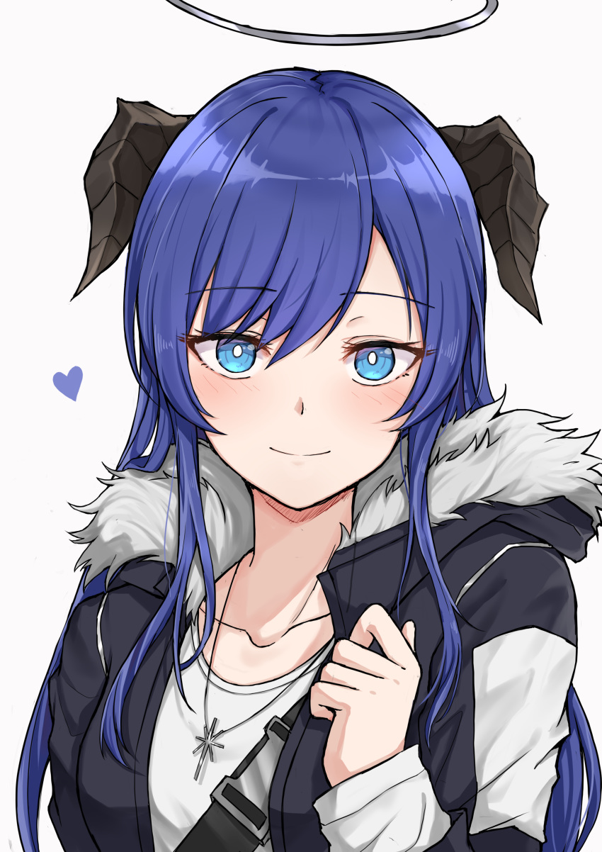 1girl absurdres arknights bangs black_jacket blue_eyes blue_hair blush collarbone commentary_request eyebrows_visible_through_hair fur-trimmed_jacket fur_trim grey_background halo heart highres horns jacket long_hair looking_at_viewer mango_(mgo) mostima_(arknights) shirt simple_background smile solo upper_body white_shirt