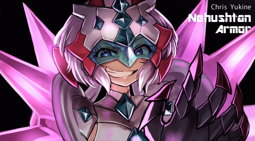 1girl armor black_background character_name chupirinko clawed_gauntlets commentary english_text gauntlets gloves goggles goggles_around_neck half-closed_eyes headgear highres long_hair looking_at_viewer pauldrons pink_hair purple_gloves senki_zesshou_symphogear senki_zesshou_symphogear_xd_unlimited shoulder_armor smirk solo spikes twintails v-shaped_eyebrows violet_eyes yukine_chris