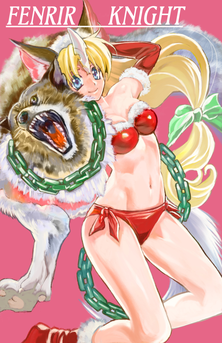 1girl animal_ear_fluff animal_ears blonde_hair blue_eyes boots bow bra chain closed_mouth elbow_gloves fake_animal_ears fenrir_knight fox_ears fur-trimmed_boots fur-trimmed_bra fur-trimmed_gloves fur_trim gloves green_bow groin hair_bow highres horns kuma-san long_hair navel panties pink_background ponytail red_bra red_footwear red_gloves red_panties seiken_densetsu seiken_densetsu_3 side-tie_panties single_horn smile solo strapless strapless_bra underwear very_long_hair