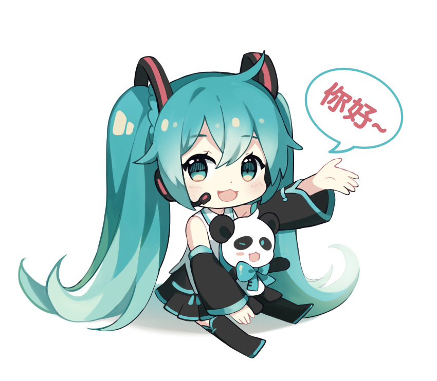 1girl aqua_bow aqua_eyes aqua_hair aqua_neckwear bare_shoulders black_legwear black_skirt black_sleeves bow bowtie chibi chinese_commentary chinese_text detached_sleeves fenghu_(huli) hair_ornament hatsune_miku hatsune_miku_(vocaloid4)_(chinese) headphones headset highres long_hair looking_at_viewer miniskirt necktie outstretched_arm panda pleated_skirt shirt sitting skirt sleeveless sleeveless_shirt smile speech_bubble thigh-highs twintails very_long_hair vocaloid waving white_background white_shirt