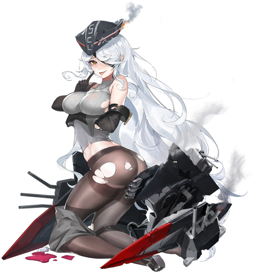 1girl admiral_scheer_(blue_oath) arm_between_breasts arm_under_breasts artist_request ass bangs bare_shoulders belt black_legwear blue_oath blush breasts brown_eyes cannon covered_nipples damaged detached_sleeves eyepatch fire full_body gloves grey_skirt groin hair_over_one_eye hat highres large_breasts long_hair looking_at_viewer mole mole_under_eye official_art pantyhose pencil_skirt rigging saliva saliva_trail seal shirt sidelocks silver_hair skirt skirt_around_one_leg sleeveless smile smoke solo tachi-e thighband_pantyhose tongue tongue_out transparent_background