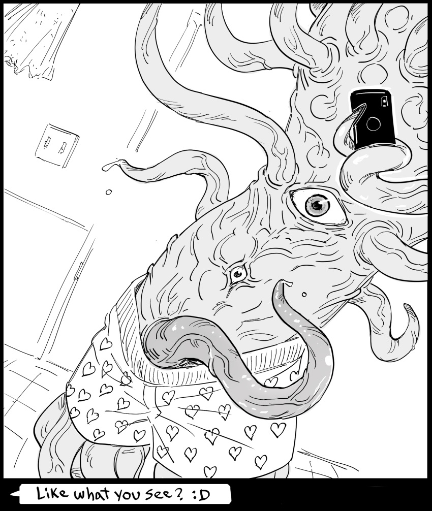 bb_(baalbuddy) boxers cellphone commentary english_commentary english_text greyscale highres holding holding_phone monochrome monster original phone self_shot smartphone tentacles underwear