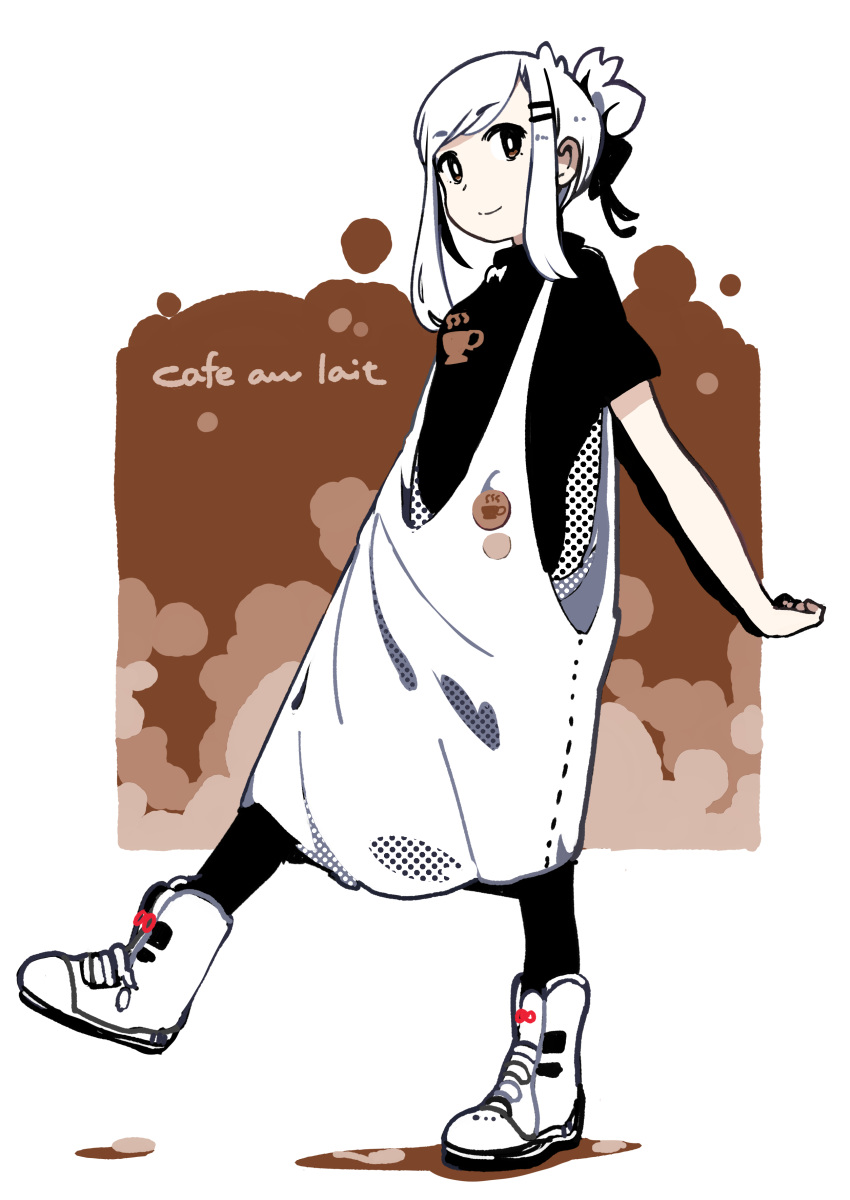1girl absurdres apron badge black_legwear black_ribbon black_shirt brown_eyes button_badge cafe_au_lait colored_shadow commentary_request eyebrows_visible_through_hair from_side full_body hair_ornament hair_ribbon hairclip highres kurumitsu long_hair original ribbon shadow shirt shoes smile sneakers solo standing standing_on_one_leg t-shirt tied_hair white_apron white_footwear white_hair