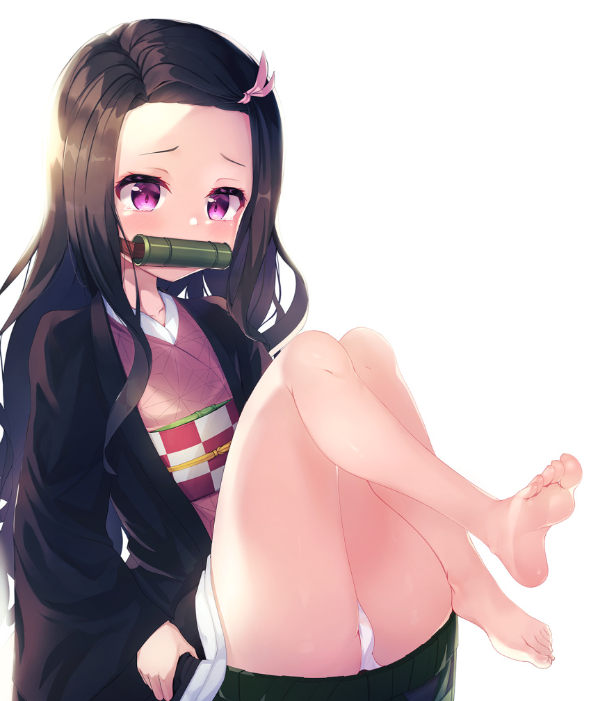 1girl 2drr ass bamboo bangs bare_legs barefoot bit_gag black_hair blush checkered commentary_request forehead gag hair_ribbon highres japanese_clothes kamado_nezuko kimetsu_no_yaiba kimono knees_up long_hair long_sleeves looking_at_viewer mouth_hold obi open_clothes panties pantyshot parted_bangs pink_kimono pink_ribbon ribbon sash simple_background sitting sleeves_past_wrists soles solo tears underwear very_long_hair violet_eyes white_background white_panties