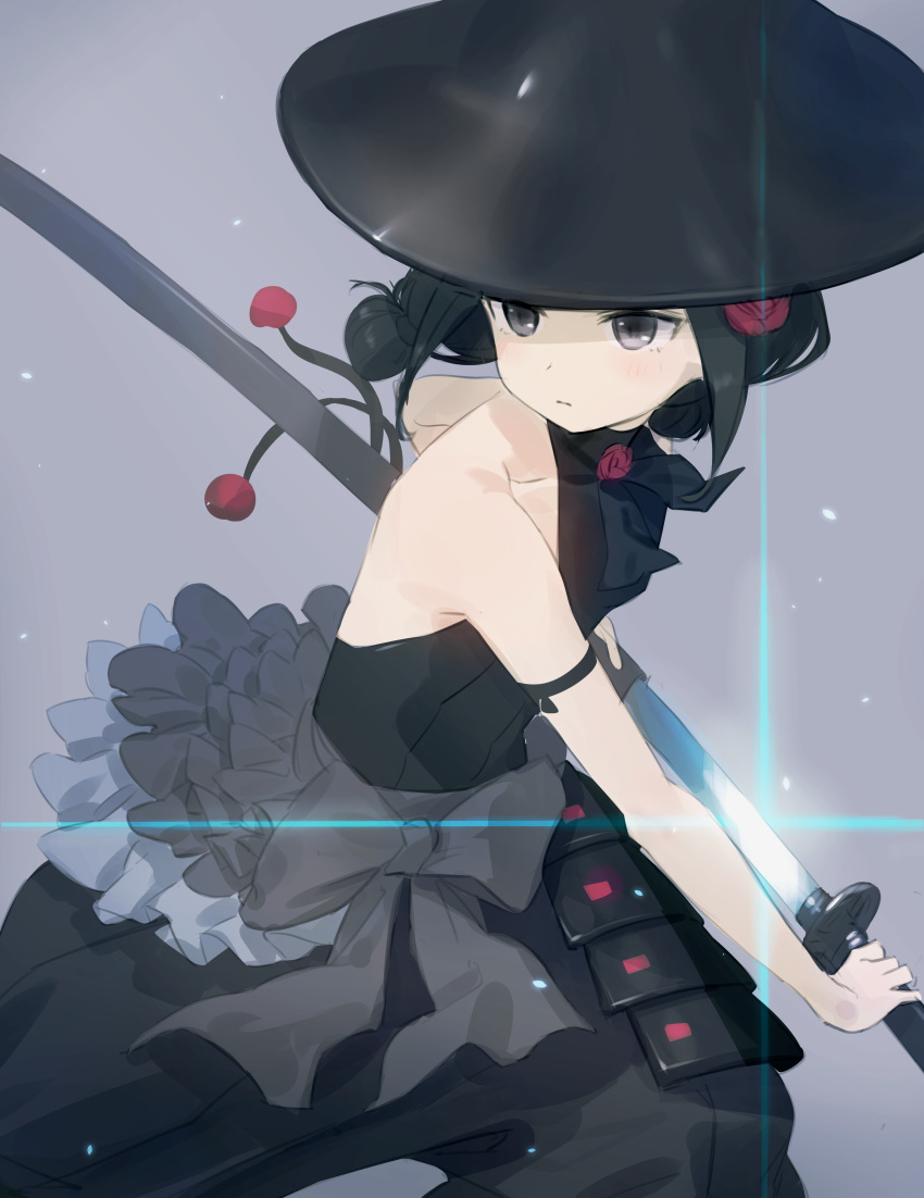 1girl absurdres bare_arms bare_shoulders black_hair black_headwear black_pants black_shirt commentary_request flower grey_background grey_eyes hair_flower hair_ornament highres holding holding_sword holding_weapon jingasa katana long_arms looking_away looking_to_the_side pants princess_principal puffy_pants red_flower red_rose rose sheath shirt sleeveless sleeveless_shirt solo sword toudou_chise unsheathing wasabi60 weapon