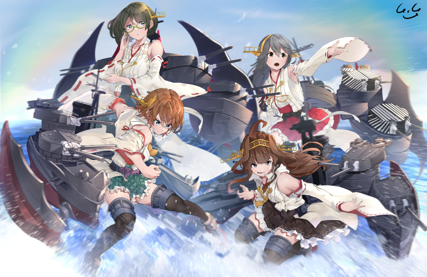 4girls absurdres adjusting_eyewear black_eyes black_hair black_skirt blue_eyes boots brown_eyes brown_hair cannon detached_sleeves gegeron glasses green-framed_eyewear green_skirt hairband haruna_(kantai_collection) headgear hiei_(kantai_collection) highres huge_filesize japanese_clothes kantai_collection kirishima_(kantai_collection) kongou_(kantai_collection) long_hair looking_at_viewer machinery multiple_girls ocean plaid plaid_skirt pleated_skirt red_skirt remodel_(kantai_collection) ribbon-trimmed_sleeves ribbon_trim short_hair signature skirt standing standing_on_liquid thigh-highs thigh_boots turret