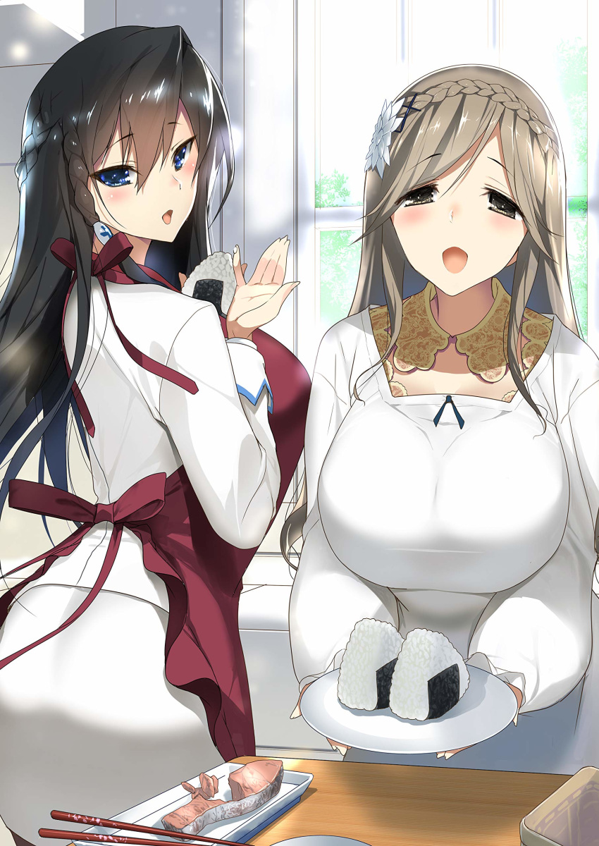 2girls :o absurdres apron ass bangs basket black_hair blue_eyes blush bow braid breasts brown_eyes brown_hair chopsticks cover_image cowboy_shot crown_braid eyebrows_visible_through_hair flower food hair_between_eyes hair_flower hair_ornament hands_up highres hima huge_breasts indoors kappougi kishikawa_meru long_hair long_sleeves looking_at_viewer looking_back moriyama_chisei multiple_girls novel_illustration official_art onee-san_sensei_wa_danshikousei_ni_ezukeshitai. onigiri open_mouth red_apron shiny shiny_hair smile sunlight table textless window