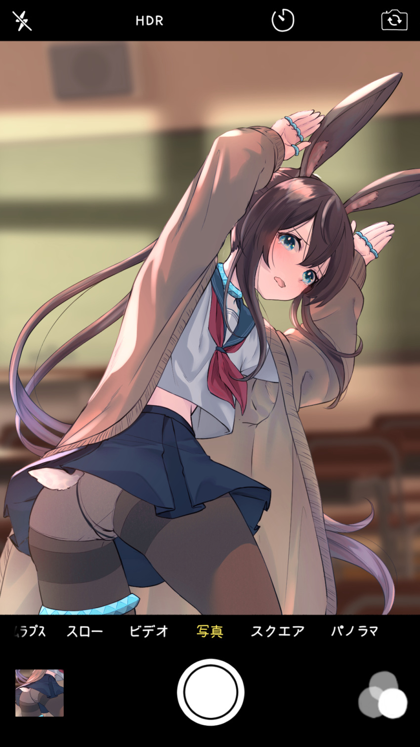 1girl amiya_(arknights) amopui animal_ears arknights ascot bangs blue_eyes blue_sailor_collar blue_skirt blurry blurry_background brown_hair brown_jacket bunny_pose commentary_request cowboy_shot hair_between_eyes highres jacket long_hair long_sleeves looking_at_viewer midriff_peek miniskirt open_clothes open_jacket open_mouth pantyhose phone_screen rabbit_ears red_neckwear sailor_collar sailor_shirt school_uniform serafuku shirt skirt solo standing thighband_pantyhose thighlet thighs twisted_torso