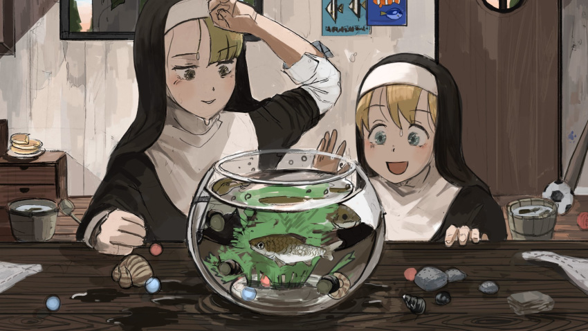 2girls aquarium ball bangs bucket diva_(hyxpk) door fish fish_tank habit highres long_hair multiple_girls nun open_mouth original poster_(object) short_hair smile soccer_ball water wet window