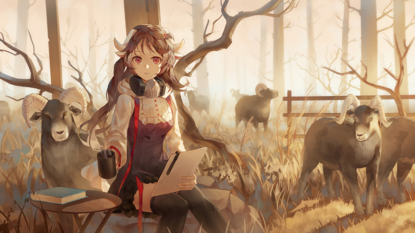 1girl animal_ears arknights bare_tree black_dress black_legwear book brown_hair closed_mouth commentary_request cup curled_horns day dress eyjafjalla_(arknights) feet_out_of_frame fence highres holding holding_cup hood hood_down horns ji_dao_ji long_hair long_sleeves looking_at_viewer mask_around_neck mug outdoors puffy_long_sleeves puffy_sleeves red_eyes respirator sheep sheep_ears sheep_horns sitting smile solo table thigh-highs tree very_long_hair