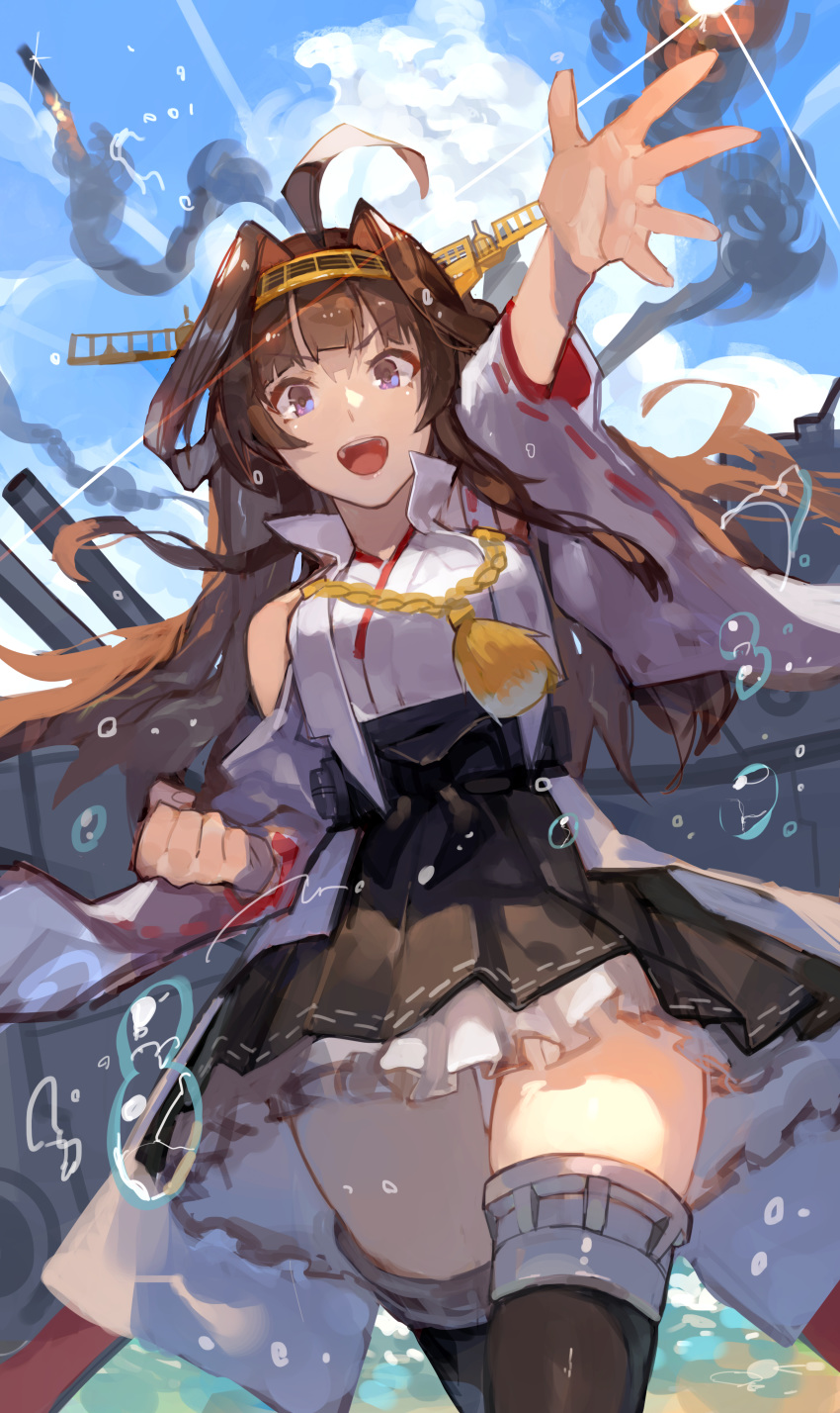 1girl :d absurdres ahoge bangs bare_shoulders blue_eyes blue_sky blunt_bangs breasts brown_hair bubble clouds cowboy_shot dutch_angle eyebrows_visible_through_hair hairband headgear high-waist_skirt highres kantai_collection kongou_(kantai_collection) long_hair looking_at_viewer mixed-language_commentary open_mouth outdoors remodel_(kantai_collection) ribbon-trimmed_sleeves ribbon_trim skirt sky smile solo thigh-highs uedrk_yamato v-shaped_eyebrows wide_sleeves