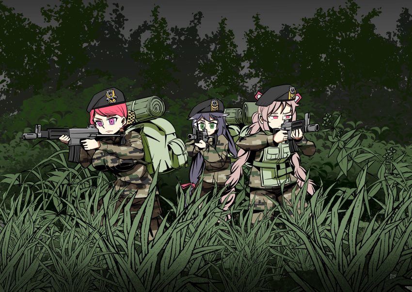 3girls absurdres assault_rifle backpack bag beret black_hair c-77_hongryeon camouflage crossover digital_camouflage full_body green_eyes gun hat highres karyl_(princess_connect!) last_origin load_bearing_vest long_hair low-tied_long_hair low_twintails military military_operator military_uniform multicolored_hair multiple_girls outdoors pink_eyes pink_hair princess_connect! princess_connect!_re:dive redhead rifle streaked_hair t-14_miho tungtunggugu twintails uniform violet_eyes weapon white_hair