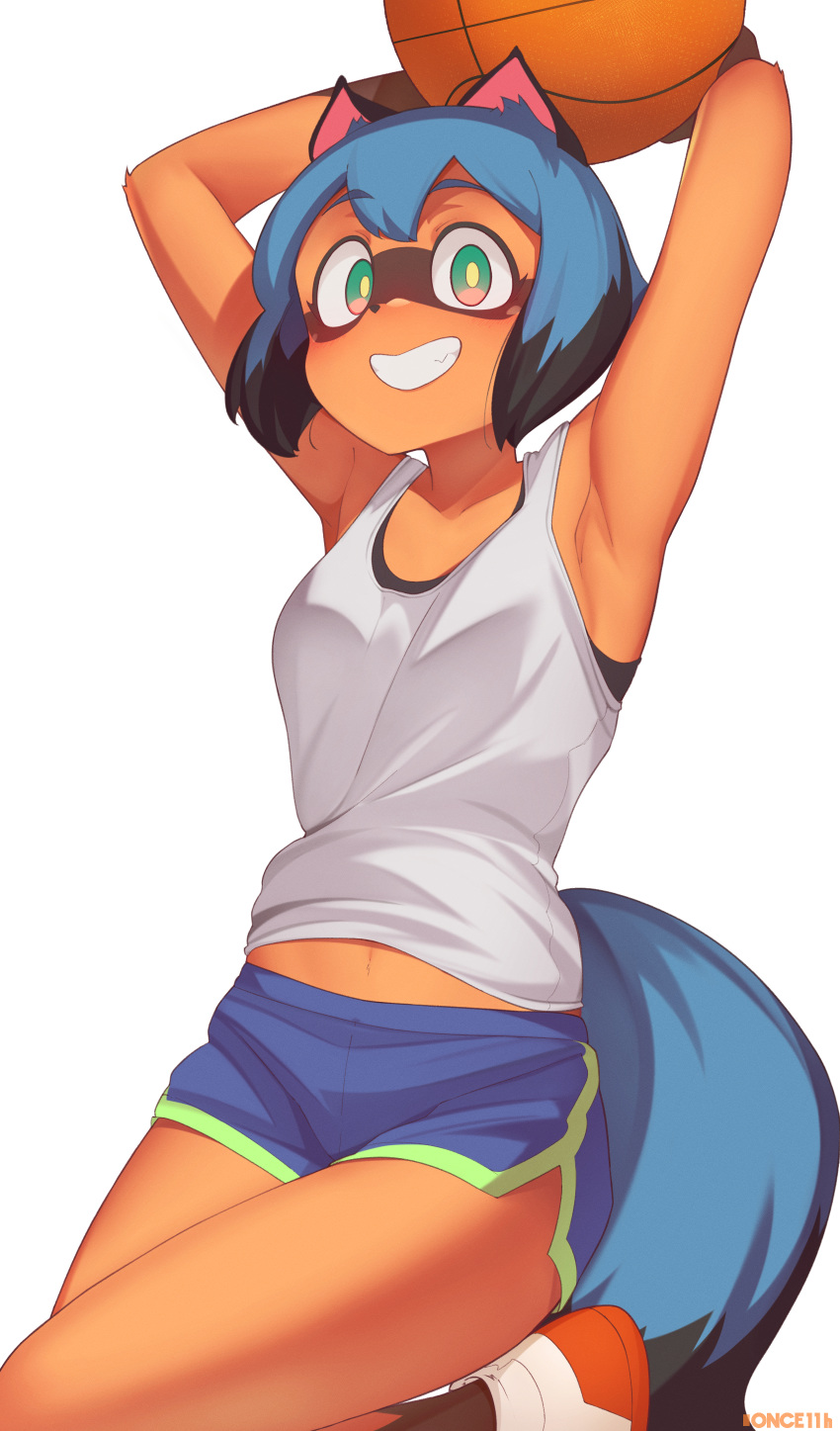 1girl absurdres animal_ears armpits arms_up artist_name ball bangs bare_arms bare_shoulders basketball black_hair blue_eyes blue_hair blue_shorts brand_new_animal breasts collarbone commentary furry grin gym_shorts highres holding holding_ball kagemori_michiru looking_at_viewer midriff_peek once_11h open_mouth raccoon_ears raccoon_girl raccoon_tail shirt shoes short_hair short_shorts shorts simple_background small_breasts smile solo sports_bra tail tank_top teeth white_background white_shirt