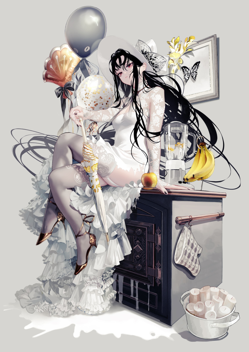 1girl absurdres balloon balloon_animal black_hair blender bug butterfly candle dress elizabeth_le_fanyu floating_hair hat highres holding holding_umbrella insect isekai_goumonhime long_hair looking_down oven_mitts red_eyes sitting solo sun_hat thigh-highs ukai_saki umbrella very_long_hair white_dress white_headwear
