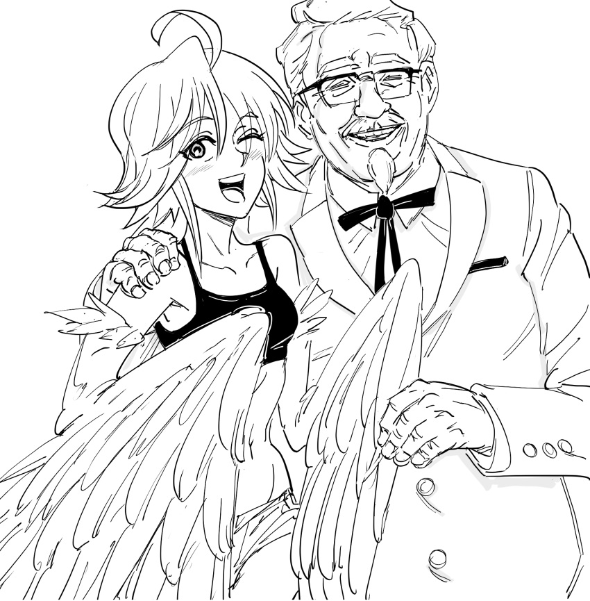 1boy 1girl :d ahoge arm_around_shoulder bb_(baalbuddy) blush colonel_sanders commentary english_commentary feathered_wings fingernails glasses greyscale harpy highres kfc looking_at_viewer monochrome monster_girl monster_musume_no_iru_nichijou neck_ribbon old_man one_eye_closed open_mouth papi_(monster_musume) ribbon simple_background smile white_background wings