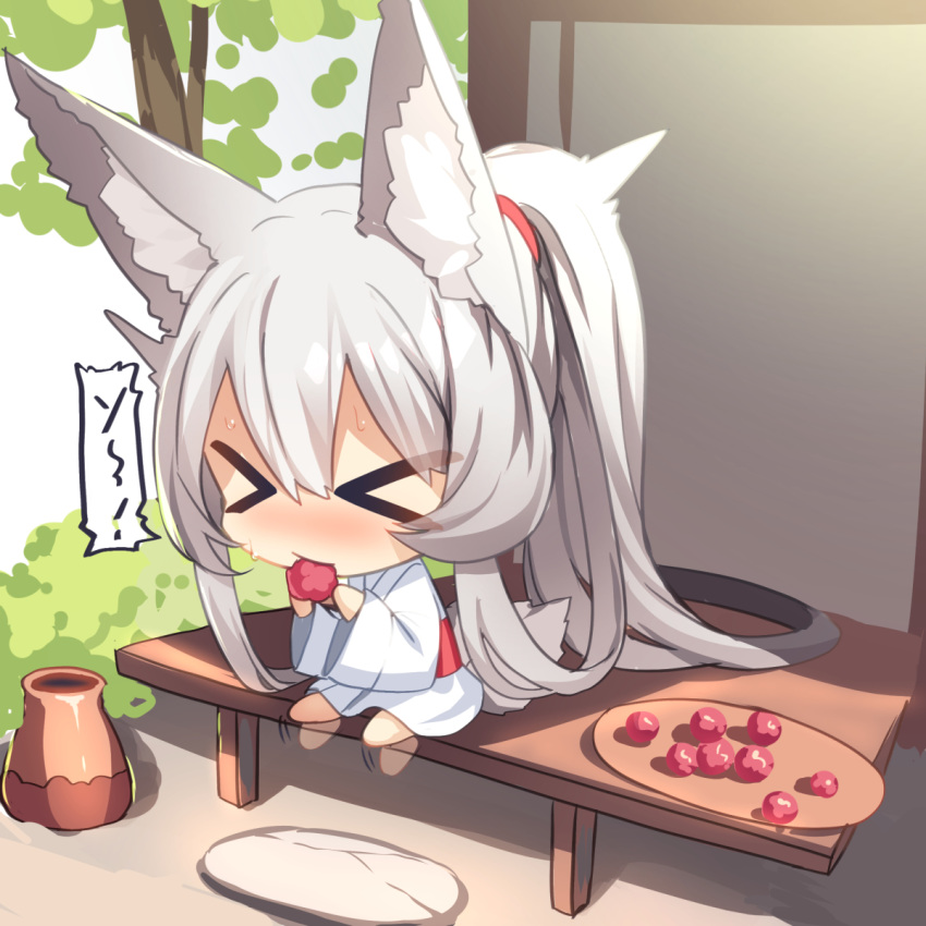 &gt;_&lt; 1girl absurdly_long_hair afterimage animal_ear_fluff animal_ears bangs barefoot blush chibi closed_eyes commentary_request eating eyebrows_visible_through_hair food fox_ears fox_girl fox_tail fruit hair_between_eyes highres holding holding_food japanese_clothes kimono long_hair long_sleeves nose_blush obi original ponytail sash silver_hair sitting solo sweat tail tray tree umeboshi very_long_hair white_kimono wide_sleeves yuuji_(yukimimi)
