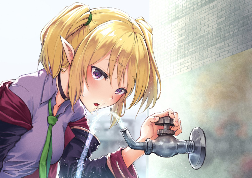 1girl bangs black_choker black_jacket blonde_hair blush breasts chloe_(princess_connect!) choker collared_shirt commentary_request day drinking eyebrows_visible_through_hair faucet green_neckwear hair_tie jacket long_sleeves looking_at_viewer munakata necktie off_shoulder open_clothes open_jacket open_mouth outdoors princess_connect! princess_connect!_re:dive purple_shirt shirt short_hair short_twintails small_breasts solo twintails upper_body violet_eyes wall water wing_collar