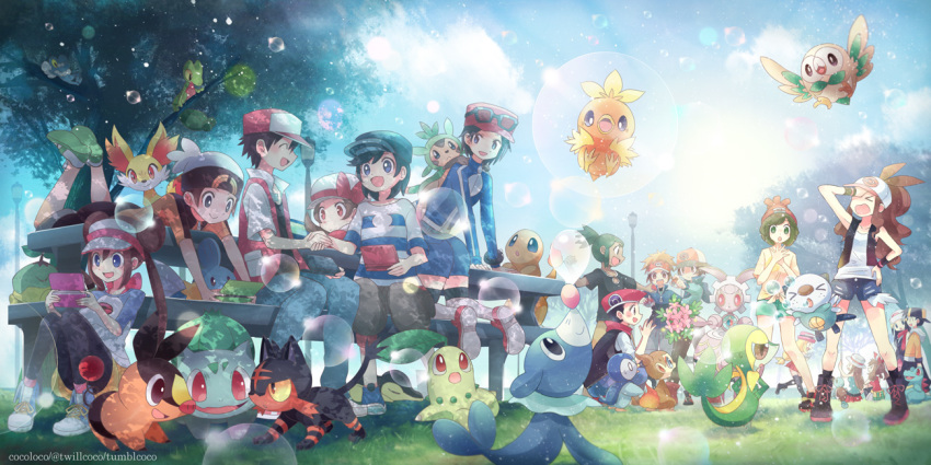 6+boys 6+girls :d bangs baseball_cap beanie black_hair black_legwear black_pants black_vest blonde_hair blue_(pokemon) blush brown_hair bubble bulbasaur calme_(pokemon) charmander chespin chikorita chimchar closed_mouth clouds commentary_request cyndaquil day double_bun eyewear_on_headwear facepalm fennekin froakie gen_1_pokemon gen_2_pokemon gen_3_pokemon gen_4_pokemon gen_5_pokemon gen_6_pokemon gen_7_pokemon gold_(pokemon) grass green_hair handheld_game_console hands_up handshake haruka_(pokemon) hat hau_(pokemon) high_ponytail hikari_(pokemon) holding holding_handheld_game_console jacket kokoroko kotone_(pokemon) kouki_(pokemon) kyouhei_(pokemon) lamppost legs_apart litten looking_down looking_to_the_side lying magearna mei_(pokemon) mizuki_(pokemon) multiple_boys multiple_girls mythical_pokemon on_stomach open_mouth oshawott outdoors pants pantyhose pigeon-toed piplup pokemon pokemon_(creature) pokemon_(game) pokemon_bw pokemon_bw2 pokemon_dppt pokemon_gsc pokemon_hgss pokemon_on_back pokemon_oras pokemon_rgby pokemon_sm pokemon_xy popplio raglan_sleeves red_(pokemon) red_headwear rowlet scarf serena_(pokemon) shirt short_shorts short_sleeves shorts sky smile snivy standing striped striped_shirt sunglasses tepig torchic totodile touko_(pokemon) touya_(pokemon) tree treecko twintails vest visor_cap watermark yellow_shorts you_(pokemon) yuuki_(pokemon)