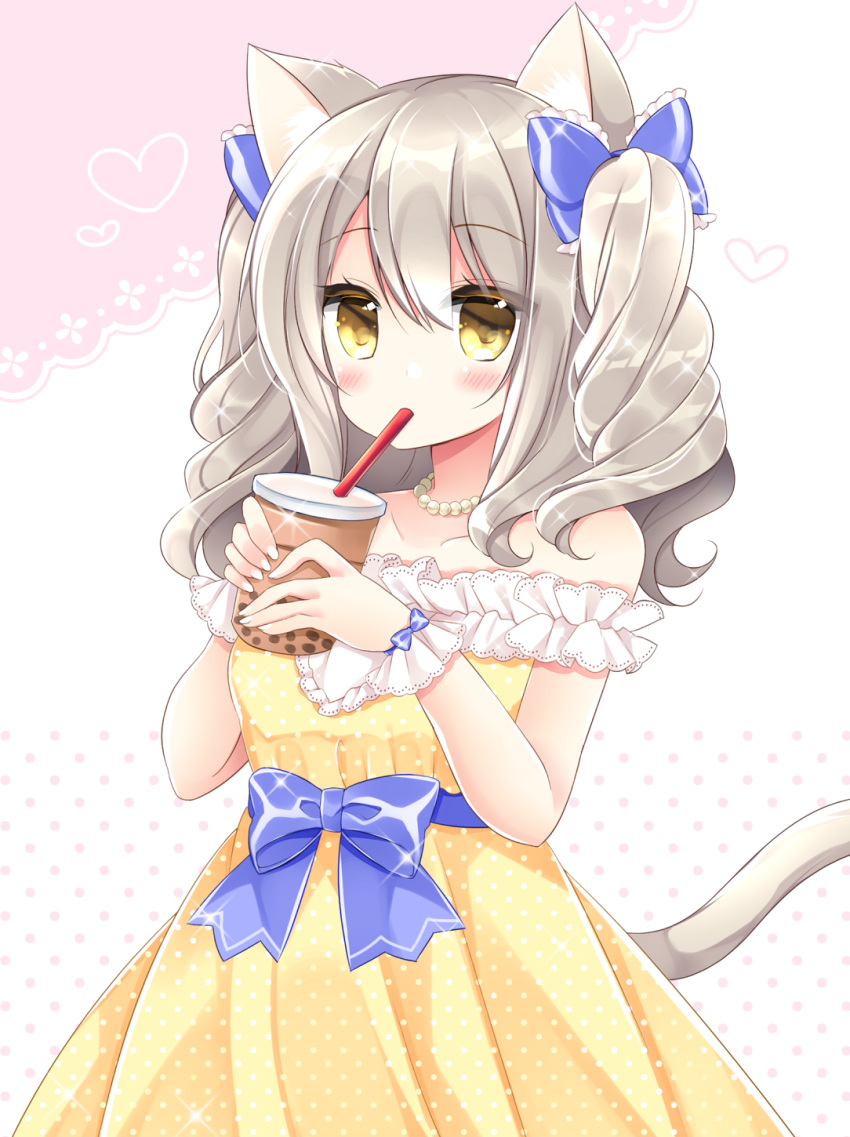 1girl animal_ear_fluff animal_ears bangs bare_shoulders blue_bow blush bow breasts bubble_tea cat_ears cat_girl cat_tail collarbone commentary_request cup disposable_cup dress drinking drinking_straw eyebrows_visible_through_hair grey_hair hair_between_eyes hair_bow heart highres holding holding_cup jewelry long_hair necklace off-shoulder_dress off_shoulder original pearl_necklace polka_dot polka_dot_background polka_dot_dress shikito small_breasts solo tail two_side_up white_background yellow_dress yellow_eyes