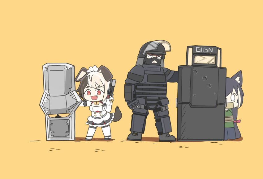 1boy 2girls animal_ears balaclava bell bell_collar blonde_hair bound brown_hair bulletproof_vest chibi collar dog_ears dog_girl dog_tail dress elbow_gloves fang full_body gagged gilles_toure gloves gun hachiko_of_castling handgun helmet highres hostage karyl_(princess_connect!) last_origin looking_at_viewer maid_headdress multicolored_hair multiple_girls open_mouth pistol princess_connect! princess_connect!_re:dive rainbow_six_siege riot_shield rope simple_background smile tactical_clothes tail thigh-highs tied_up tungtunggugu two-tone_hair weapon white_gloves white_legwear yellow_background