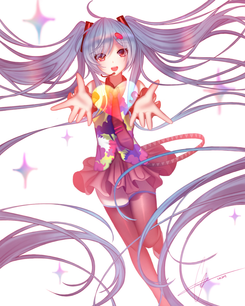 1girl ahoge bare_shoulders belt black_skirt blue_hair commentary hair_ornament hatsune_miku heart highres kkorichan long_hair multicolored_shirt open_mouth scrunchie skirt smile sparkle tell_your_world_(vocaloid) twintails very_long_hair violet_eyes vocaloid white_background wrist_scrunchie