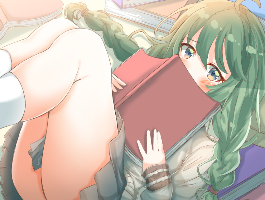 1girl absurdres ahoge bangs blue_eyes blush book braid commentary_request covered_mouth eyebrows_visible_through_hair feet_out_of_frame green_hair grey_skirt grey_sweater hair_between_eyes highres holding holding_book legs_up long_hair long_sleeves looking_at_viewer lying on_back open_book pleated_skirt princess_connect! princess_connect!_re:dive skirt sleeves_past_wrists socks solo sumioo_(sumikko_no_ousama) sweater twin_braids twintails white_legwear yuni_(princess_connect!)