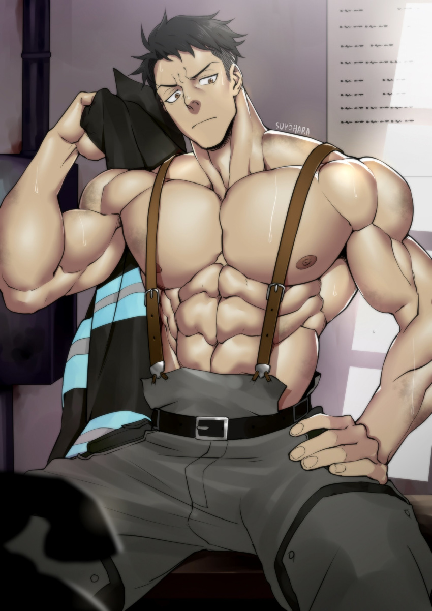 1boy abs absurdres akitaru_oubi bara black_hair chest collarbone en'en_no_shouboutai highres looking_at_viewer male_focus muscle nipples pants pectorals shirtless simple_background solo suyobara thick_thighs thighs upper_body