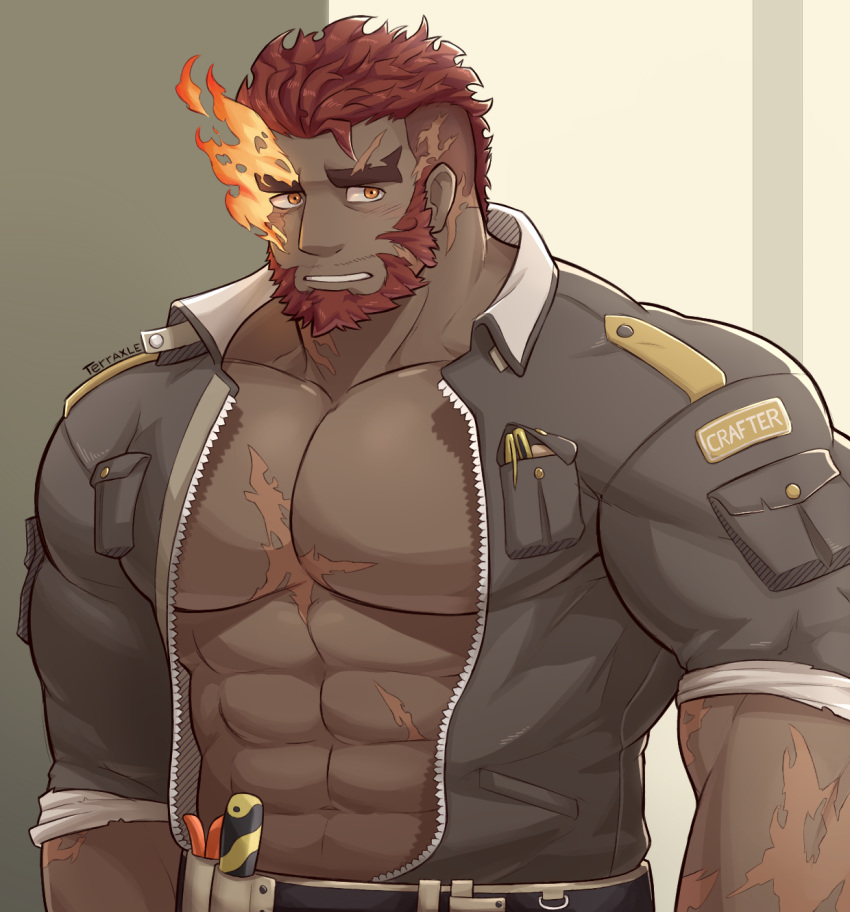1boy abs bara blush chest facial_hair flaming_eye hephaestus_(tokyo_houkago_summoners) highres jacket looking_at_viewer male_focus manly muscle open_clothes open_jacket orange_eyes pectorals redhead scar shirtless solo terraxle thick_eyebrows tokyo_houkago_summoners upper_body