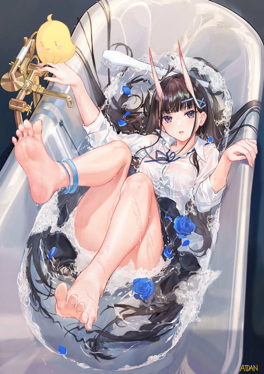 1girl alternate_costume anklet atdan azur_lane barefoot bathtub bird black_hair black_skirt blue_flower breasts button_gap chick collared_shirt convenient_leg feet flower hair_ornament hair_spread_out hairclip highres horns jewelry large_breasts legs_up long_hair looking_at_viewer manjuu_(azur_lane) miniskirt noshiro_(azur_lane) oni_horns parted_lips rose see-through shirt skirt solo thighs very_long_hair violet_eyes water wet wet_clothes wet_shirt white_shirt