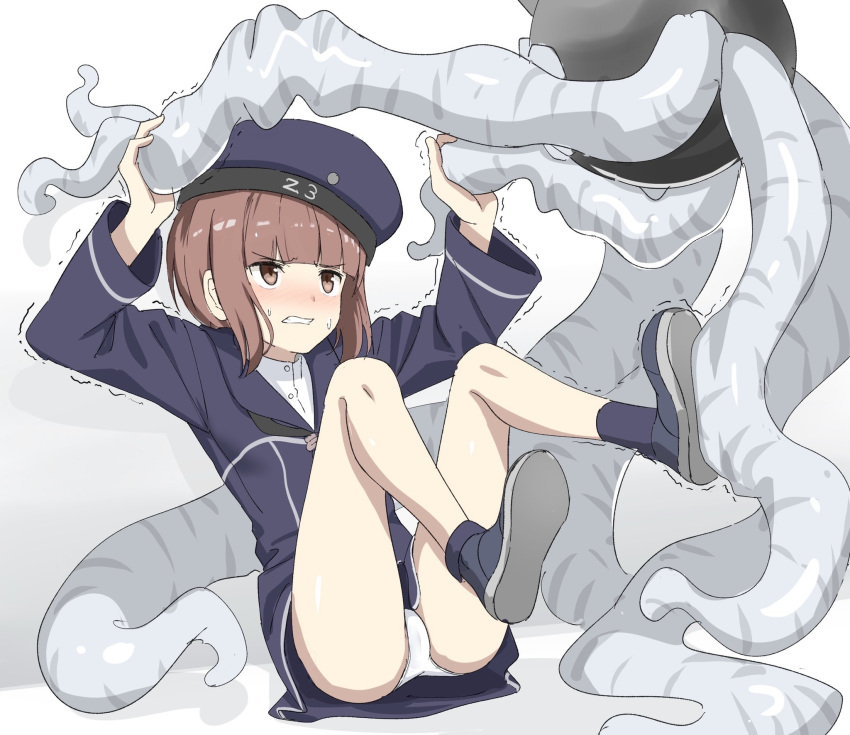1girl blue_dress blue_sailor_collar brown_eyes clenched_teeth clothes_writing commentary_request dress eha7y enemy_naval_mine_(kantai_collection) hat highres kantai_collection panties restraining sailor_collar sailor_dress sailor_hat shinkaisei-kan short_hair simple_background teeth tentacles trembling underwear white_background white_panties z3_max_schultz_(kantai_collection)