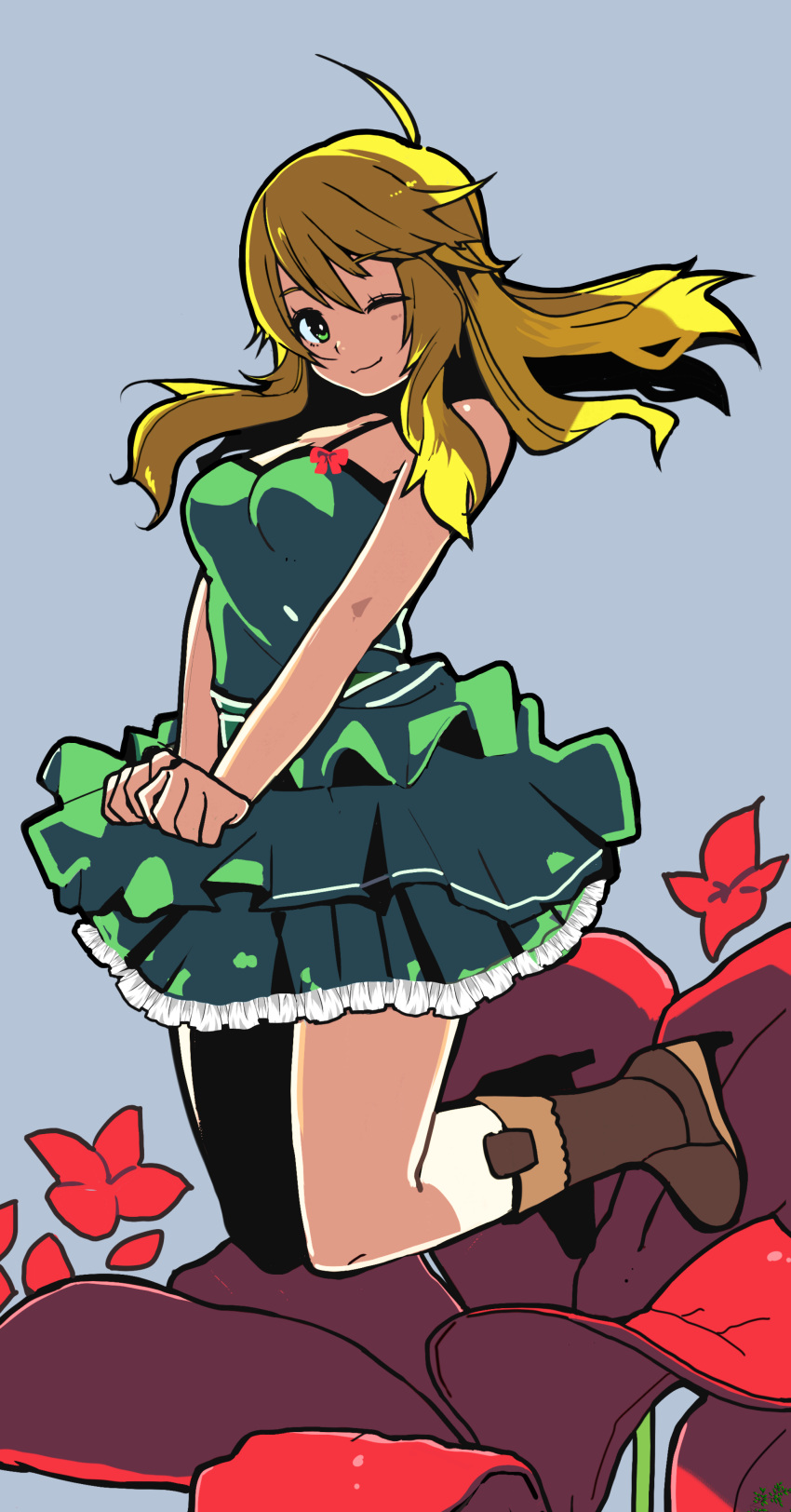 1girl absurdres ahoge bare_arms blonde_hair boots bow commentary_request dress eyebrows_visible_through_hair floral_background flower green_dress green_eyes hair_between_eyes halterneck high_heel_boots high_heels highres hoshii_miki idolmaster idolmaster_(classic) kurumitsu long_hair looking_at_viewer one_eye_closed red_bow red_flower smile solo v_arms
